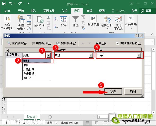 將主要關鍵字選為;類別”，排序依據為;數值”，次序為;升序”