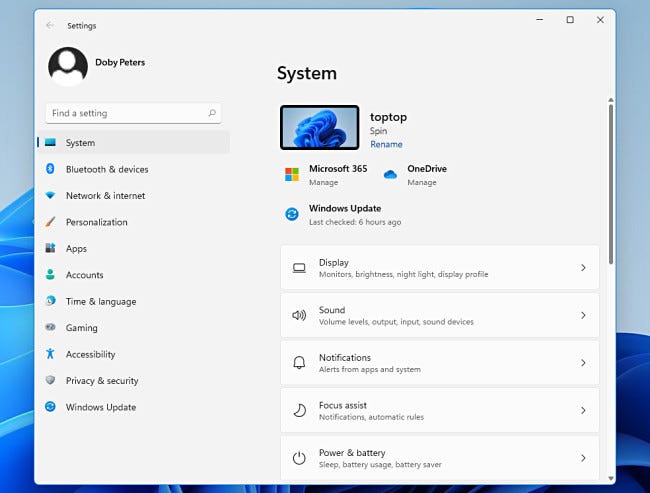 Windows 11 設置中的系統(tǒng)菜單。