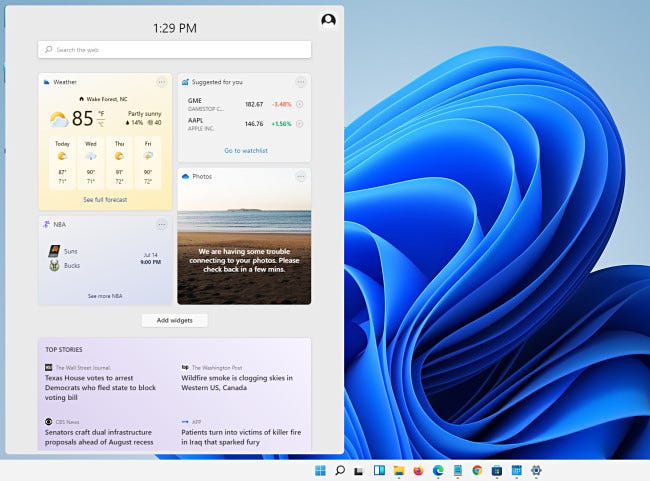 Windows 11 小部件菜單。