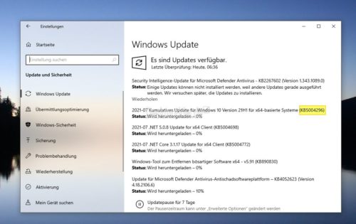 KB5004296適用于 Windows 10 21H2、21H1、20H2 和