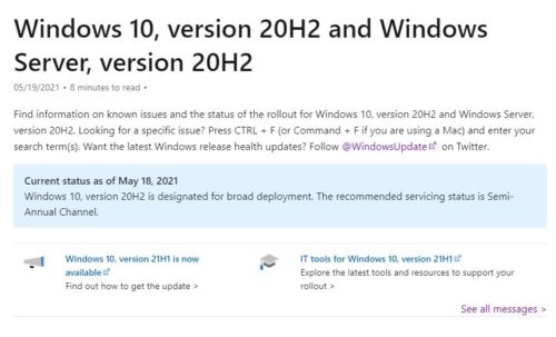 微軟正在更改Windows10 20H2的狀態(tài)