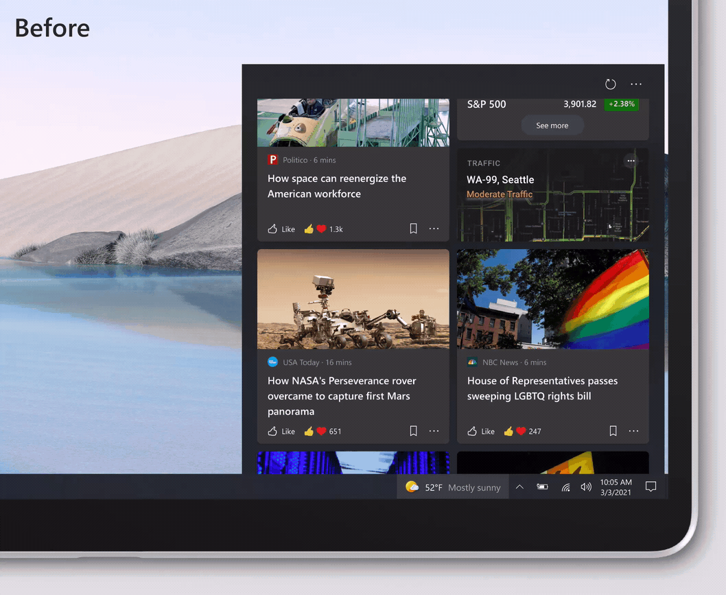 Windows10 Insider內(nèi)部版本21327使任務(wù)欄上的新聞和興趣煥然一新