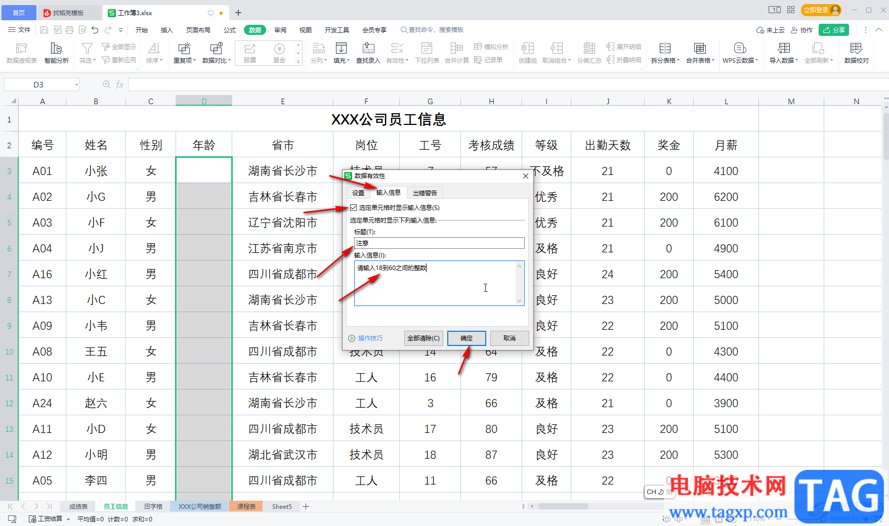 WPS表格設(shè)置輸入內(nèi)容的提示信息的方法教程
