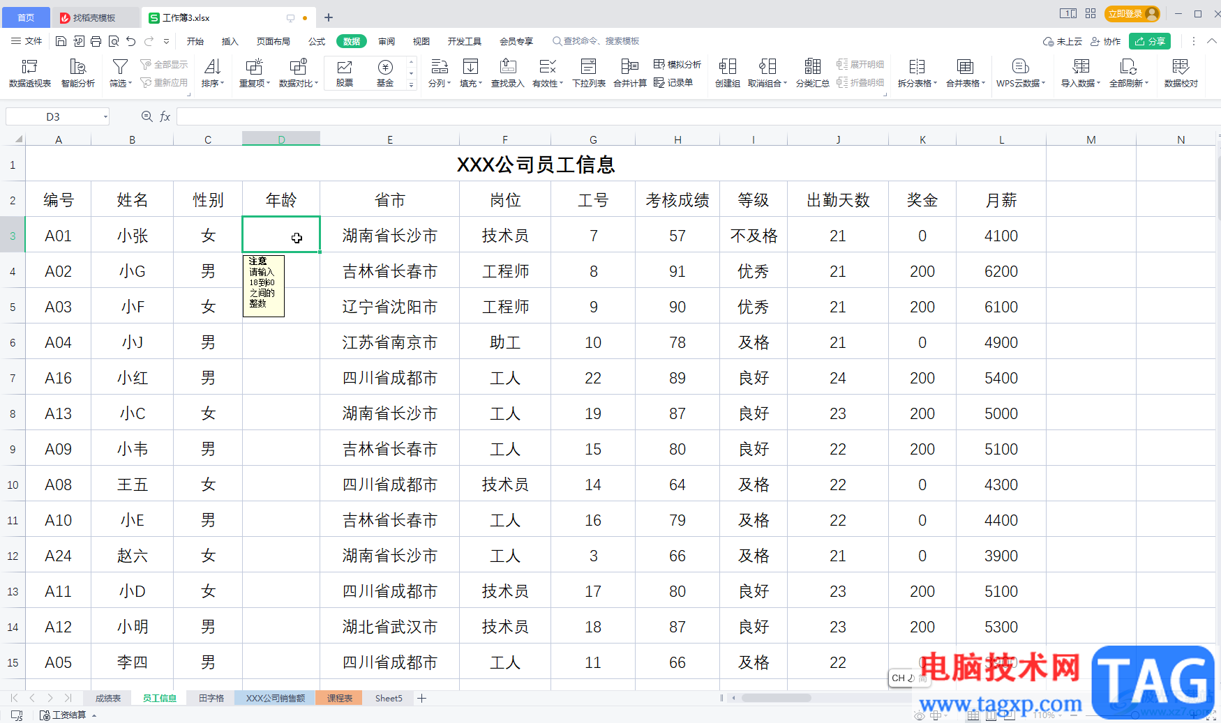 WPS表格設(shè)置輸入內(nèi)容的提示信息的方法教程