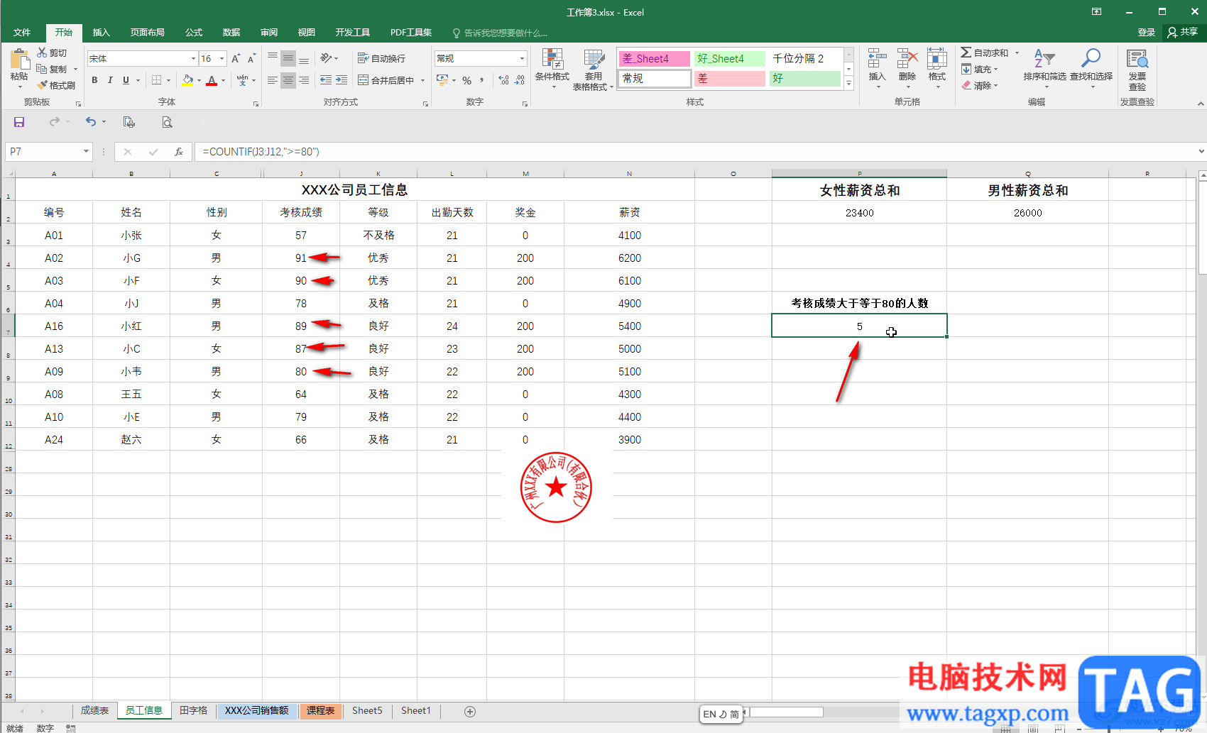 Excel統(tǒng)計(jì)大于等于80分人數(shù)的方法教程