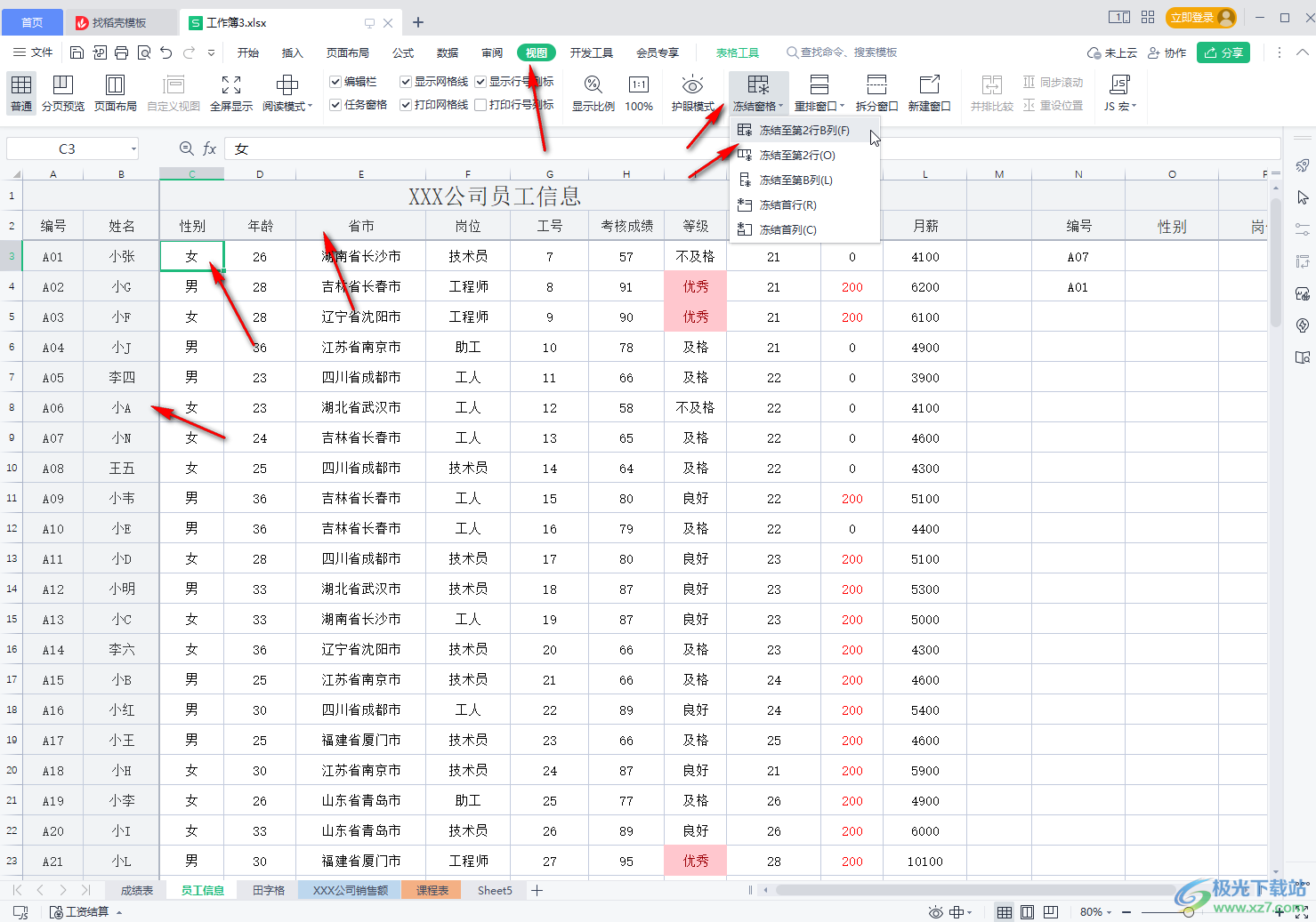 WPS表格凍結(jié)任意行和列的方法教程