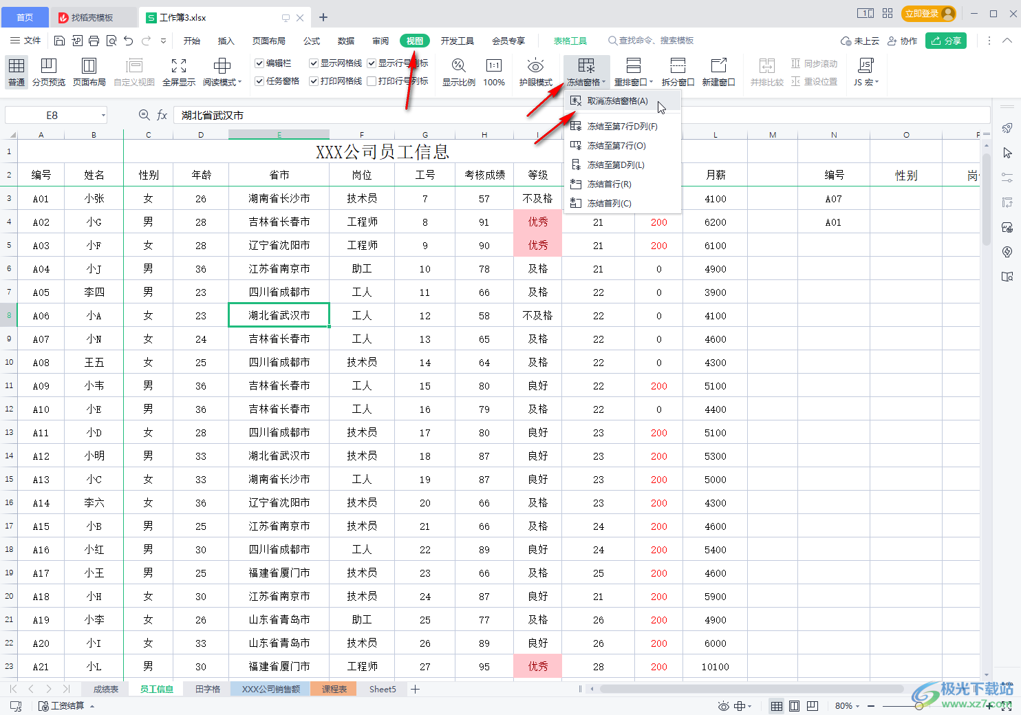 WPS表格凍結(jié)任意行和列的方法教程