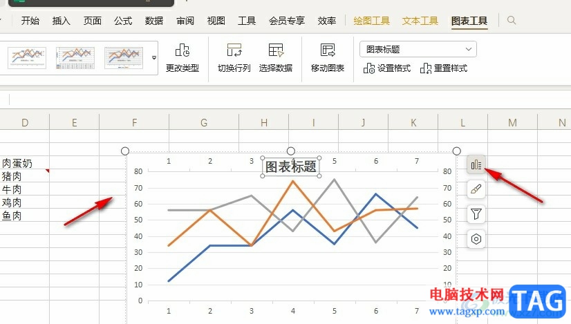 WPS Excel折線圖下加上表格的方法