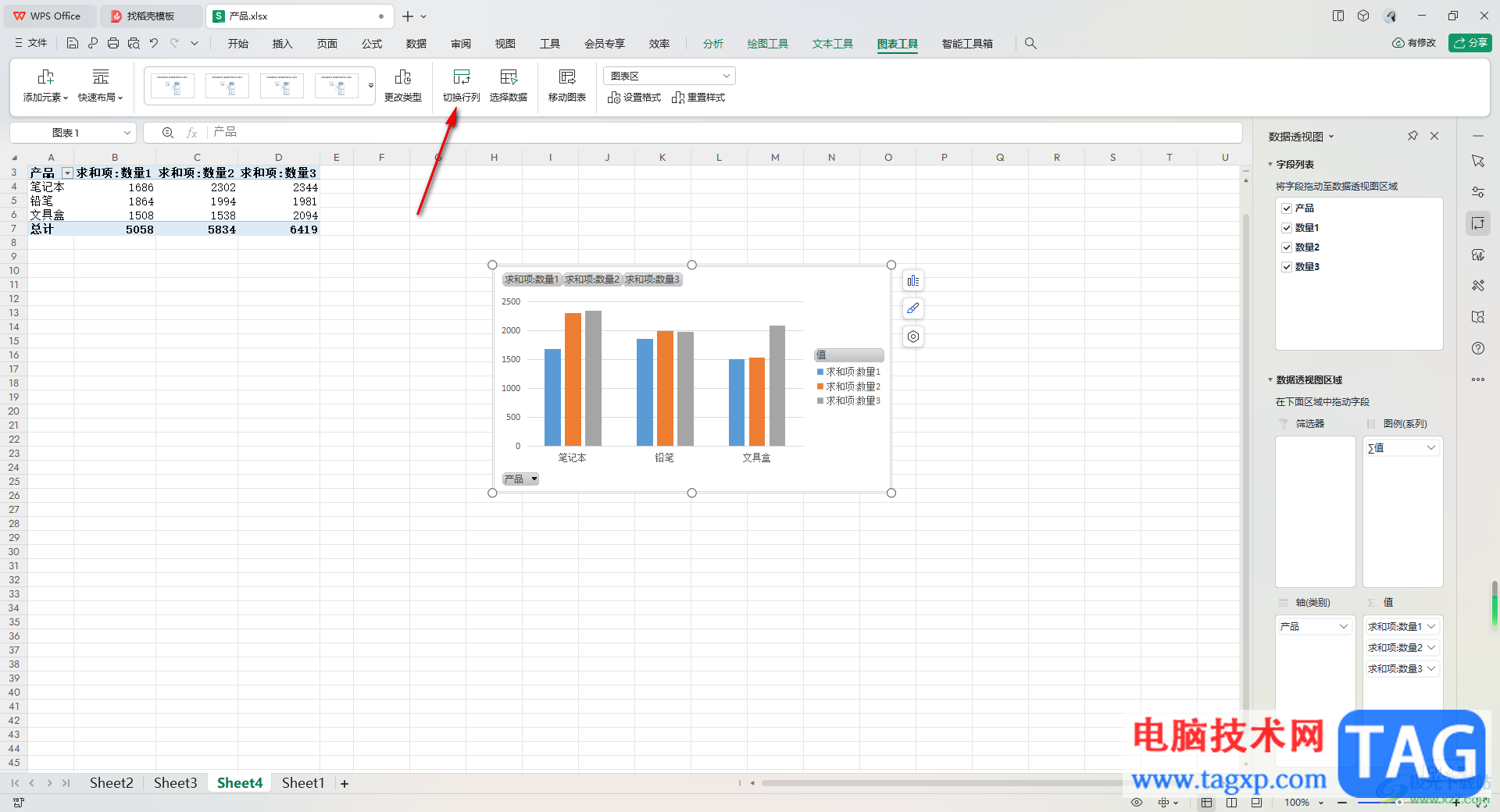 WPS Excel數(shù)據(jù)透視圖進(jìn)行行列互換的方法