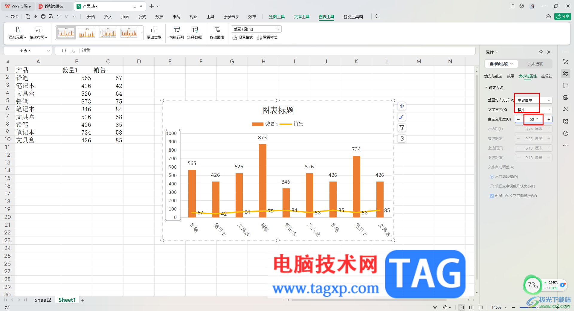 WPS excel修改縱坐標(biāo)軸標(biāo)簽的文字方向的方法