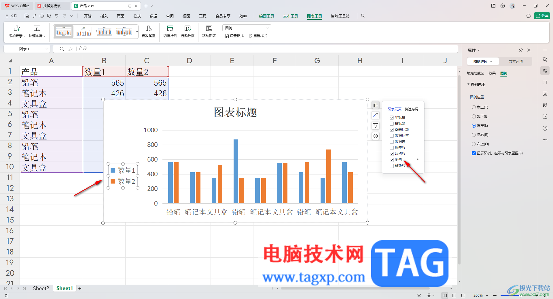 wps表格中柱形圖修改圖例位置的方法