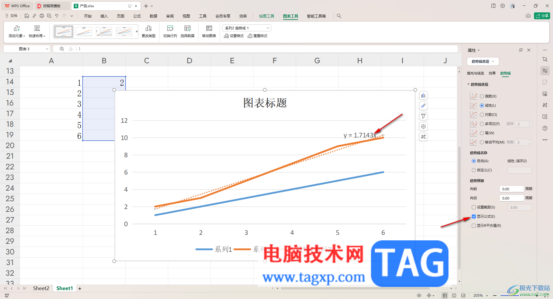 WPS excel折線圖顯示斜率和截距的方法