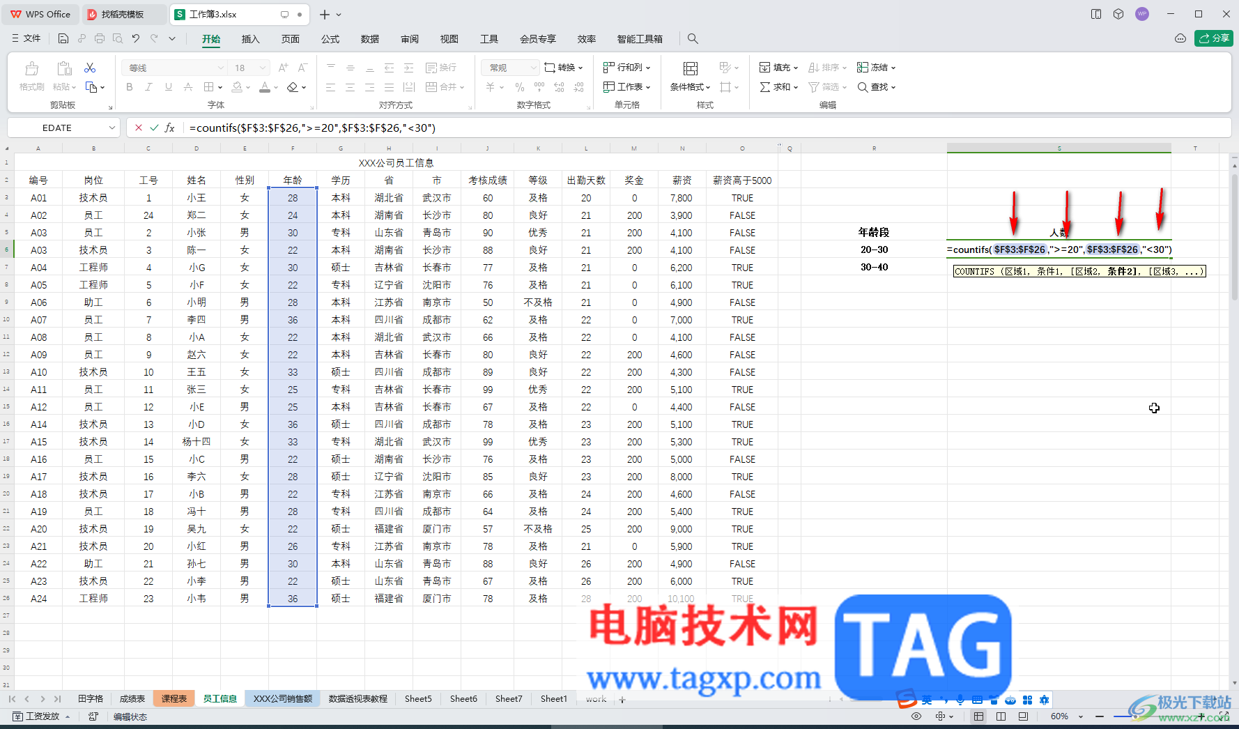 WPS表格電腦版統(tǒng)計不同年齡段人數(shù)的方法教程