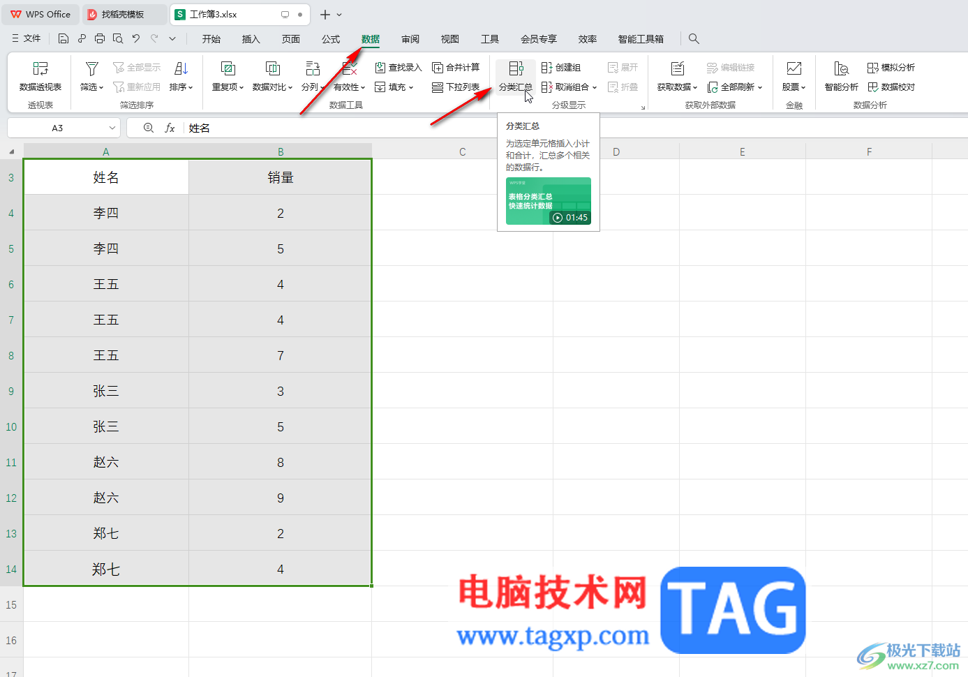 WPS表格電腦版將相同項的數(shù)量匯總的方法教程