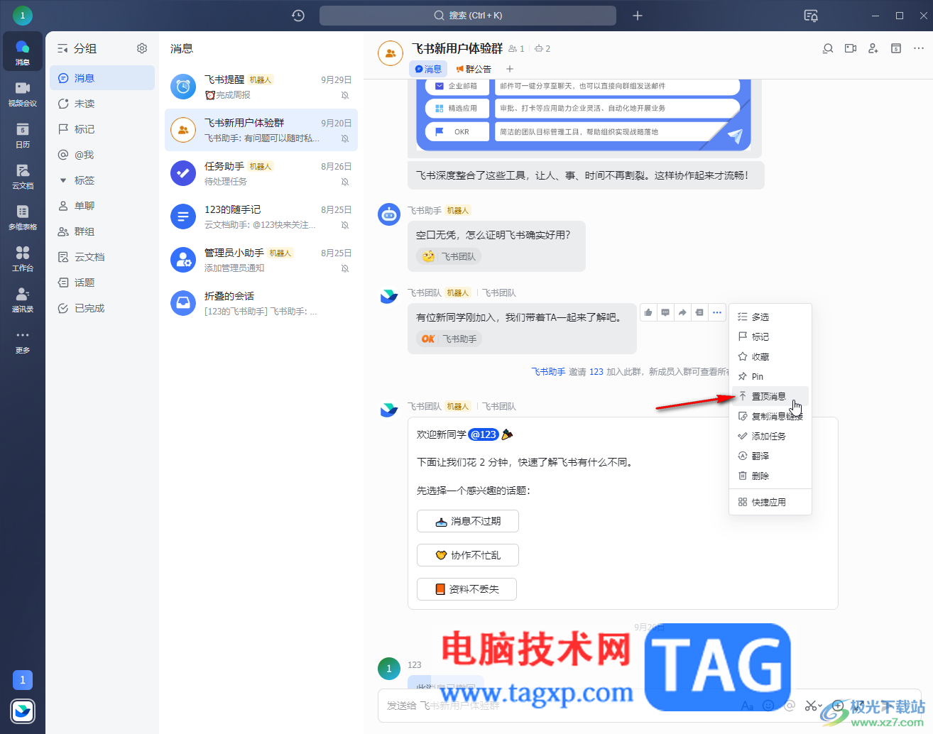 飛書電腦版在群聊置頂某條消息的方法教程
