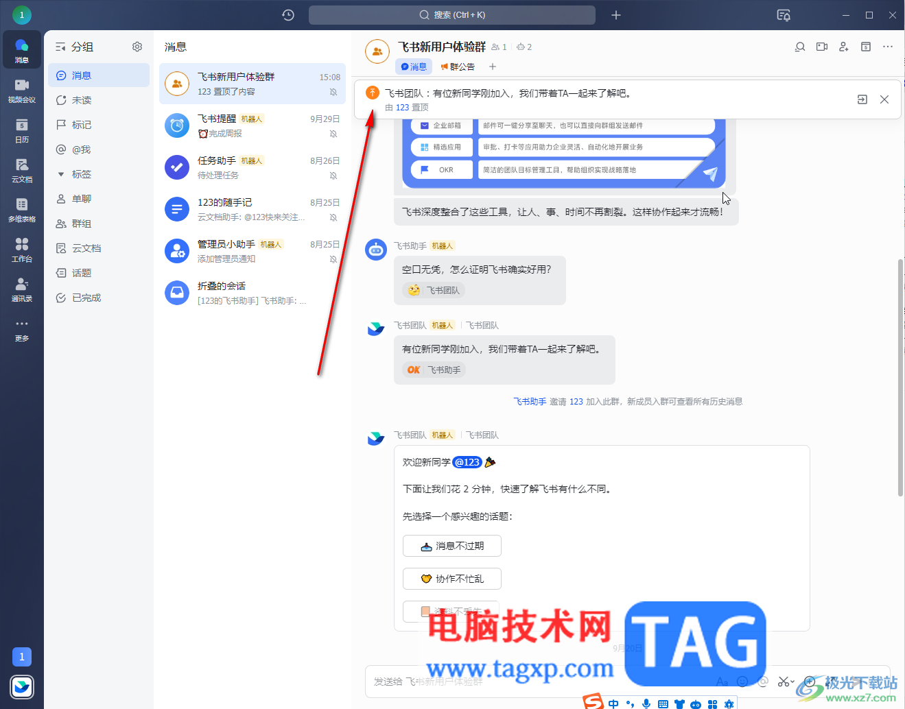 飛書電腦版在群聊置頂某條消息的方法教程
